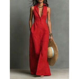 Modesees Red Linen Blend Sleeveless Maxi Shirt Dress Collared Button Front 2X